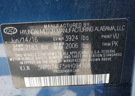 2017 Hyundai Elantra Se from USA, damaged, VIN 5NPD74LF5HH094508
